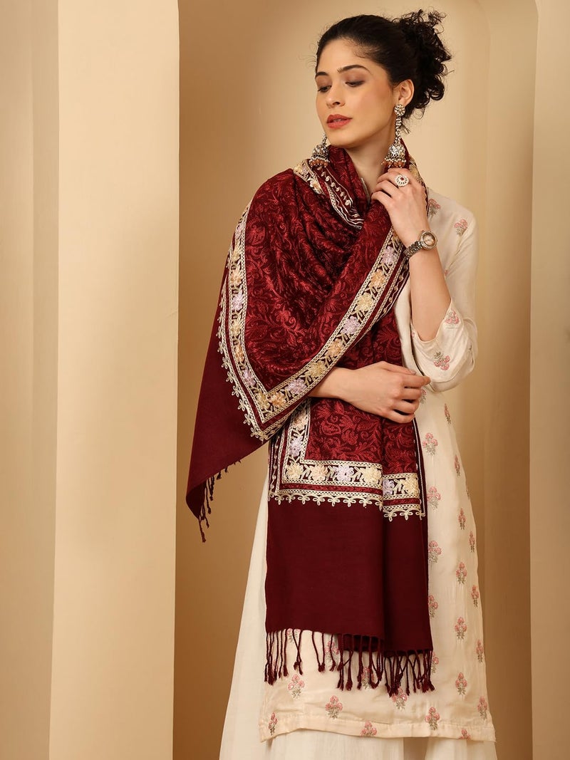 tweedle Women's Wine Pure Wool Feel Dupatta/Wrap With Allover Embroidery Jaal For Winters, Warm And Soft Wrap For Ladies/Girls, Medium Size - Image 4