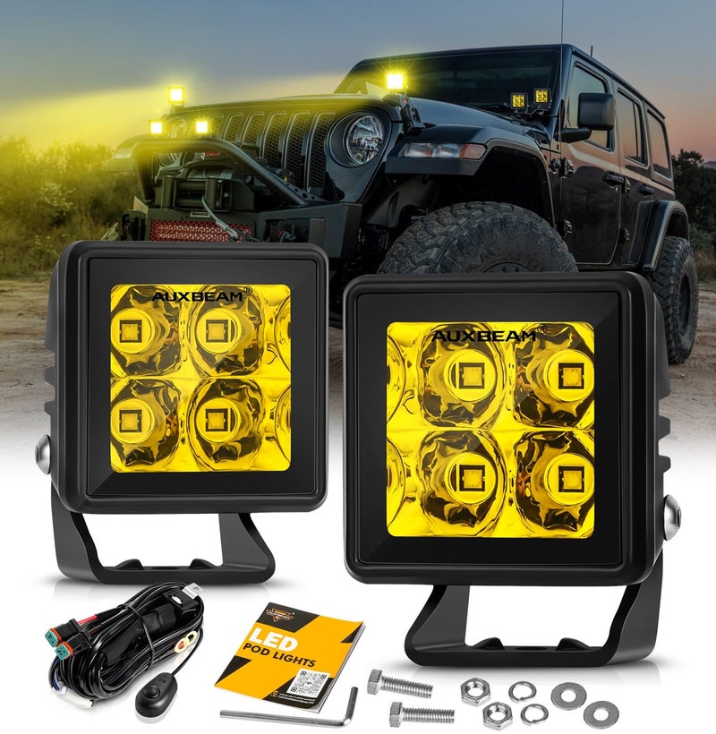 Auxbeam 2 Inch LED Pod Lights Amber Fog Light Off Road Cube Light Focusing Spot Light Square 4000LM Yellow Spot Beam Auxiliary Driving Ditch Work Lights for Truck Car Jeep Motorcycle ATV UTV, Pair - Image 1