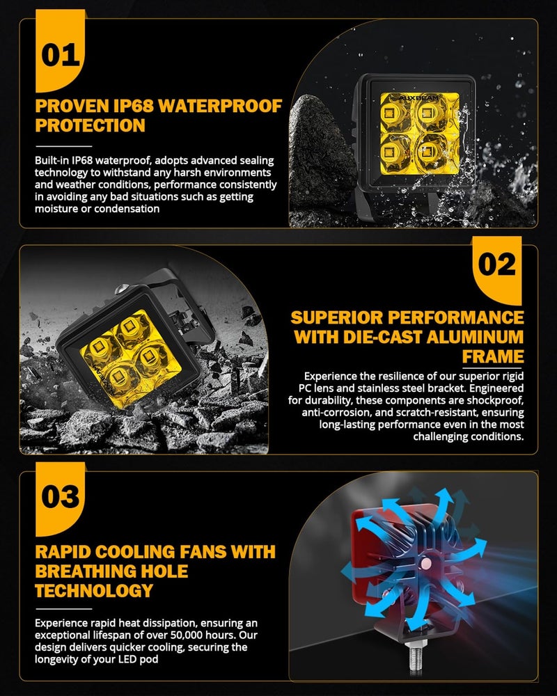 Auxbeam 2 Inch LED Pod Lights Amber Fog Light Off Road Cube Light Focusing Spot Light Square 4000LM Yellow Spot Beam Auxiliary Driving Ditch Work Lights for Truck Car Jeep Motorcycle ATV UTV, Pair - Image 4