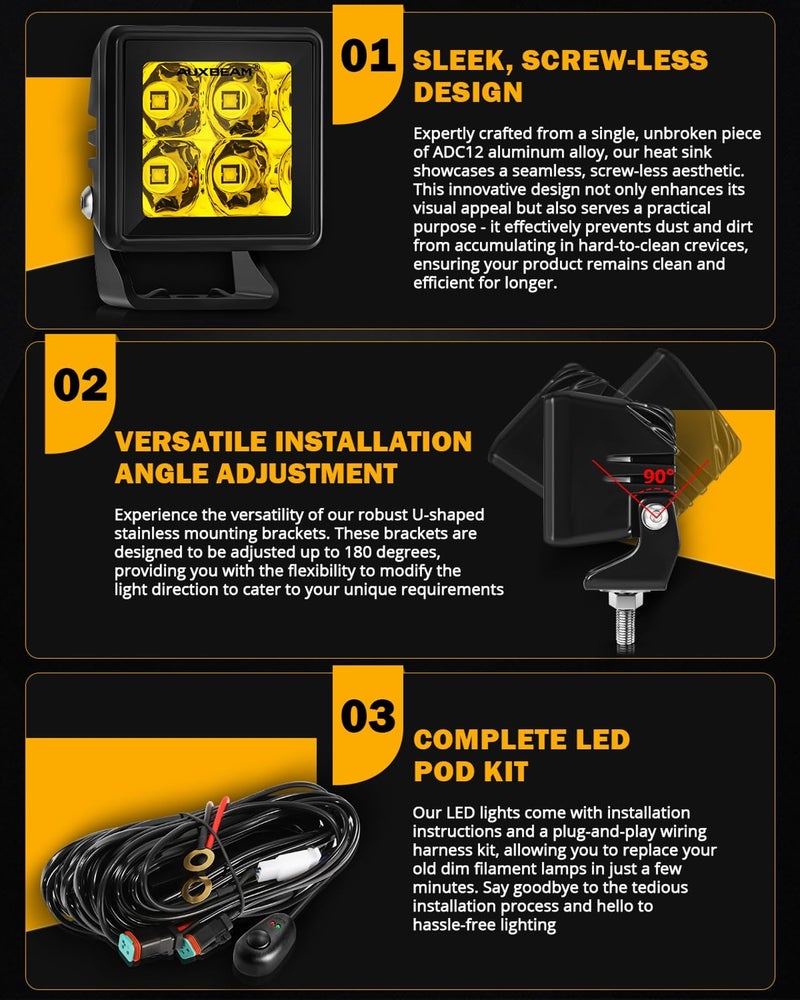 Auxbeam 2 Inch LED Pod Lights Amber Fog Light Off Road Cube Light Focusing Spot Light Square 4000LM Yellow Spot Beam Auxiliary Driving Ditch Work Lights for Truck Car Jeep Motorcycle ATV UTV, Pair - Image 3