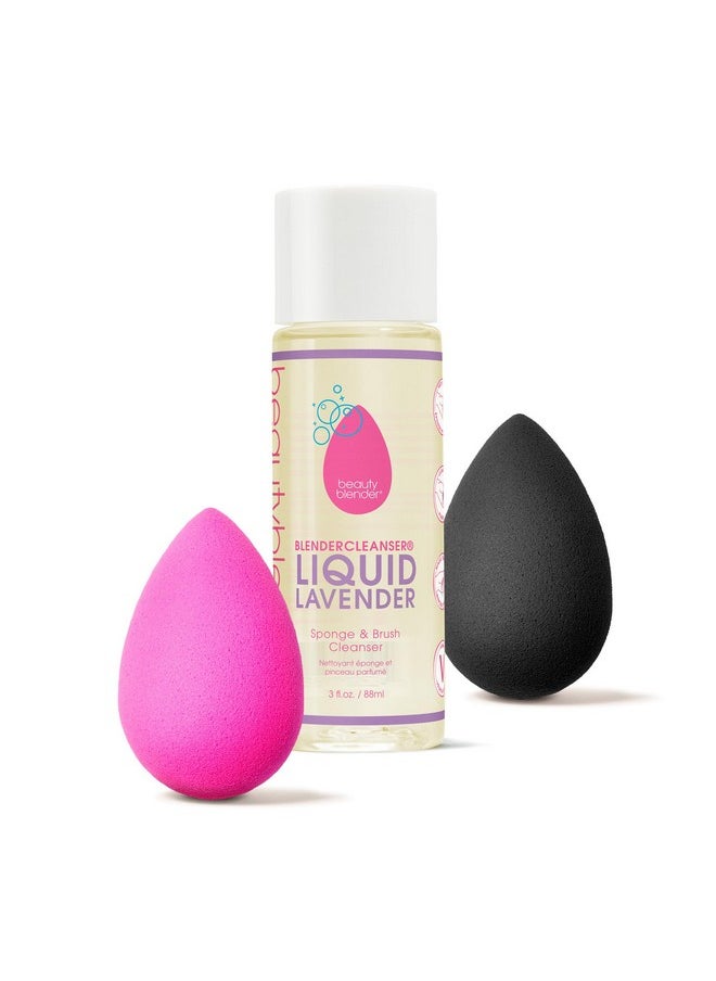beautyblender Beautyblender® | Original Pink + Pro Black Beauty Blender Duo + Full-Sized Blendercleanser® Liquid Lavender Makeup Sponge & Brush Cleanser, 3-Piece Bundle, Made in USA, Vegan, Cruelty-Free, 3 oz  - Image 1