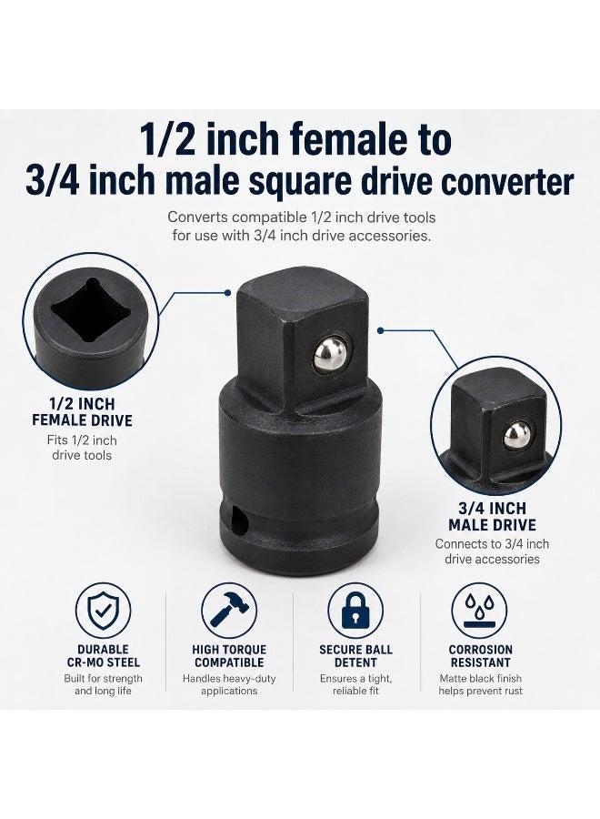 1/2 Inch Female to 3/4 Inch Male Impact Socket Adapter, Cr-Mo Steel Square Drive Converter for Ratchet, Breaker Bar and Impact Wrench - Image 2