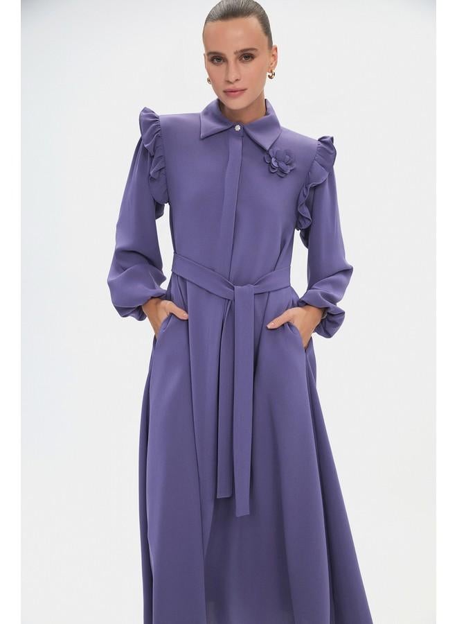 جون فستان ميدي بياقة مكشكشة من البوبلين - Image 3