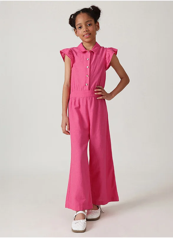 One Friday One Friday Girls Pink Regular Fit Frill Sleeve Solid Jumpsuit