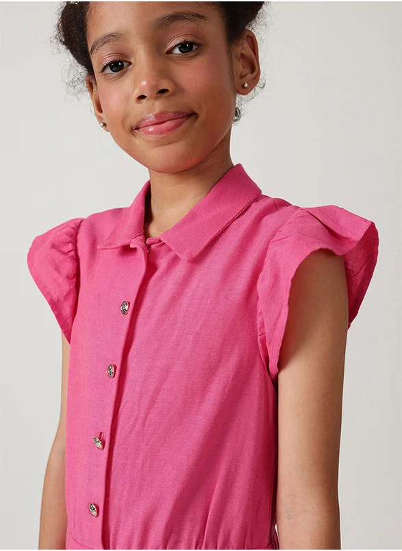 One Friday One Friday Girls Pink Regular Fit Frill Sleeve Solid Jumpsuit