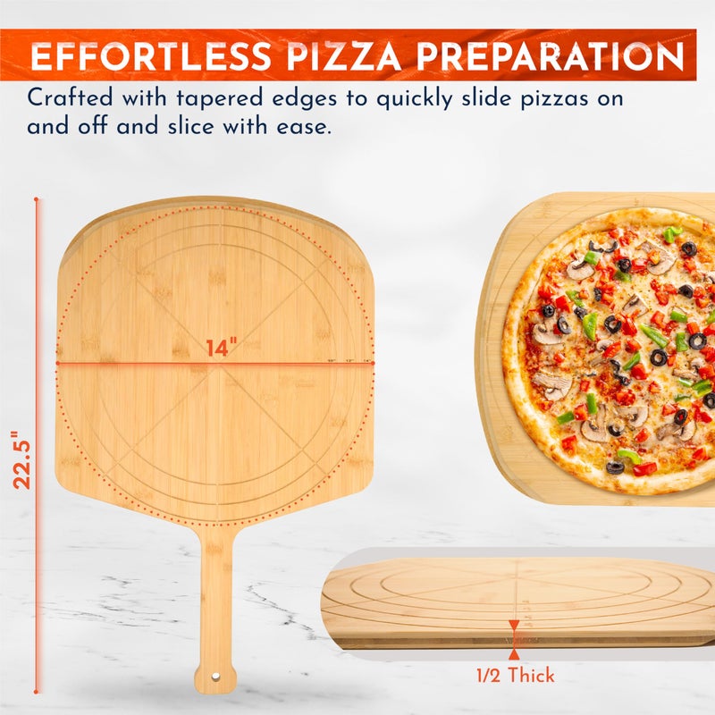 Loftern Wooden Pizza Peel 14 Inch Board with Engraved Sizes - Multi-Purpose Bamboo Pizza Cutting Board, Wood Pizza Peel, Pizza Spatula Paddle, and Serving Board with Size and Cutting Guide - Image 3