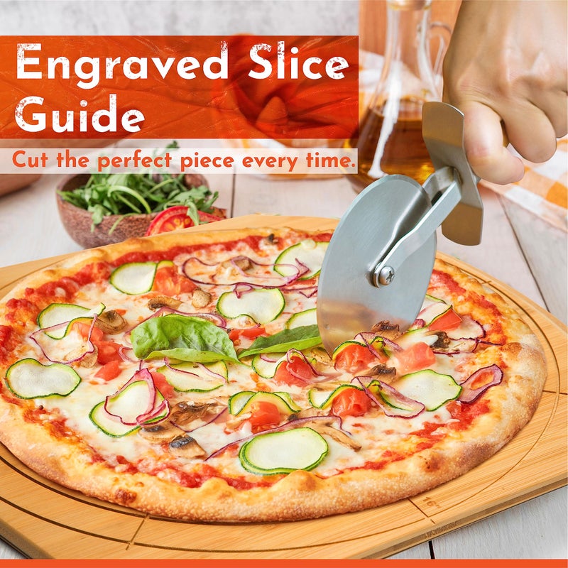 Loftern Wooden Pizza Peel 14 Inch Board with Engraved Sizes - Multi-Purpose Bamboo Pizza Cutting Board, Wood Pizza Peel, Pizza Spatula Paddle, and Serving Board with Size and Cutting Guide - Image 5