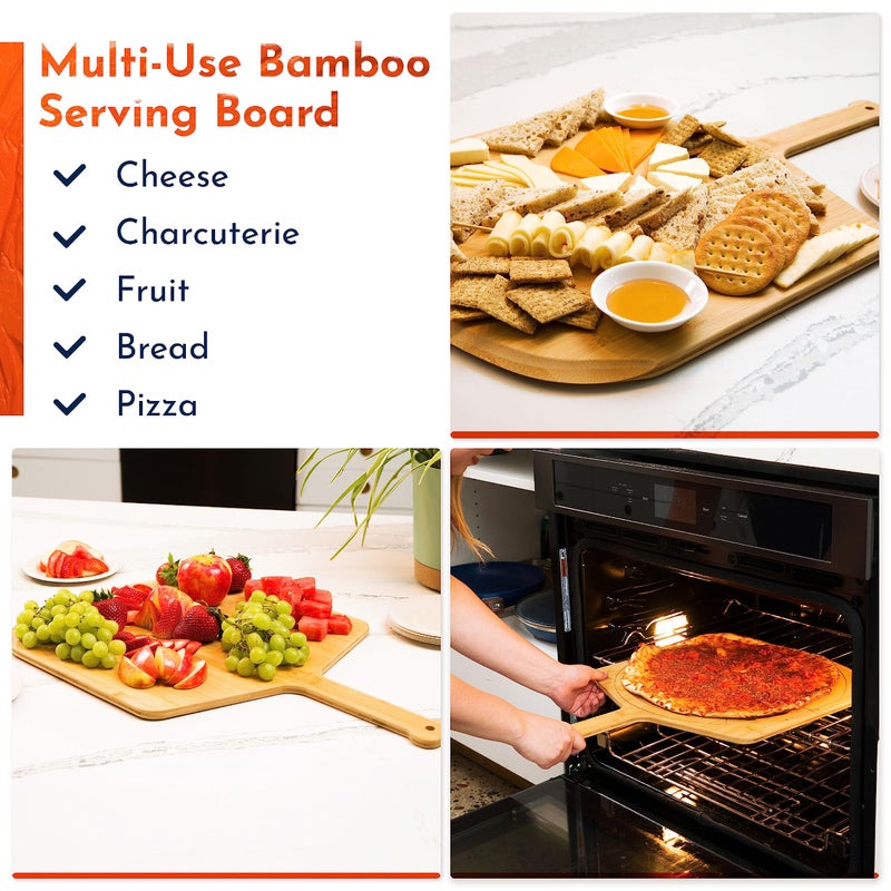 Loftern Wooden Pizza Peel 14 Inch Board with Engraved Sizes - Multi-Purpose Bamboo Pizza Cutting Board, Wood Pizza Peel, Pizza Spatula Paddle, and Serving Board with Size and Cutting Guide - Image 4