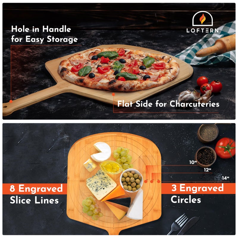 Loftern Wooden Pizza Peel 14 Inch Board with Engraved Sizes - Multi-Purpose Bamboo Pizza Cutting Board, Wood Pizza Peel, Pizza Spatula Paddle, and Serving Board with Size and Cutting Guide - Image 2