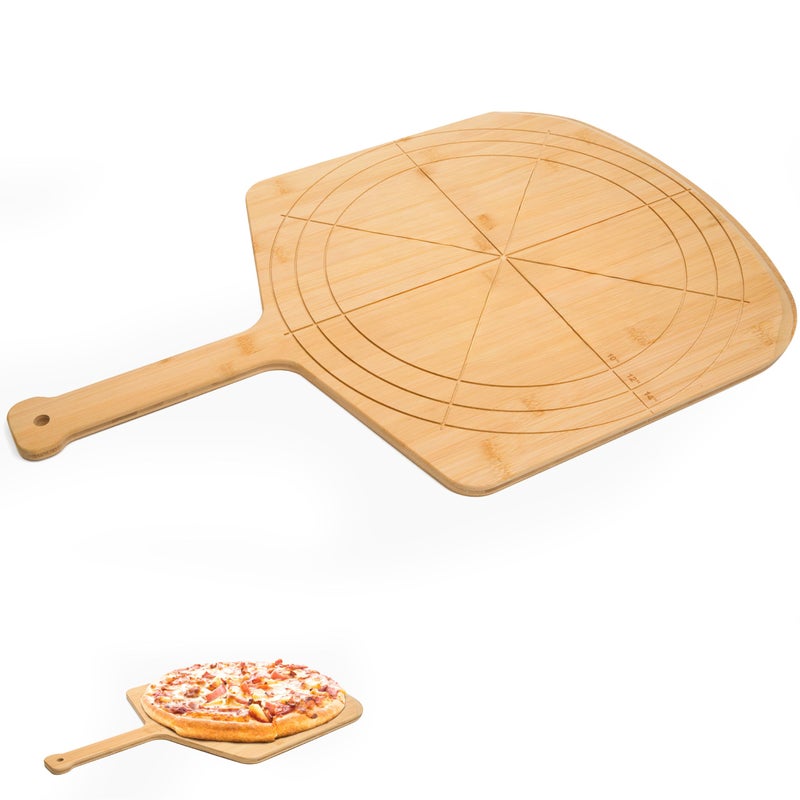Loftern Wooden Pizza Peel 14 Inch Board with Engraved Sizes - Multi-Purpose Bamboo Pizza Cutting Board, Wood Pizza Peel, Pizza Spatula Paddle, and Serving Board with Size and Cutting Guide - Image 1