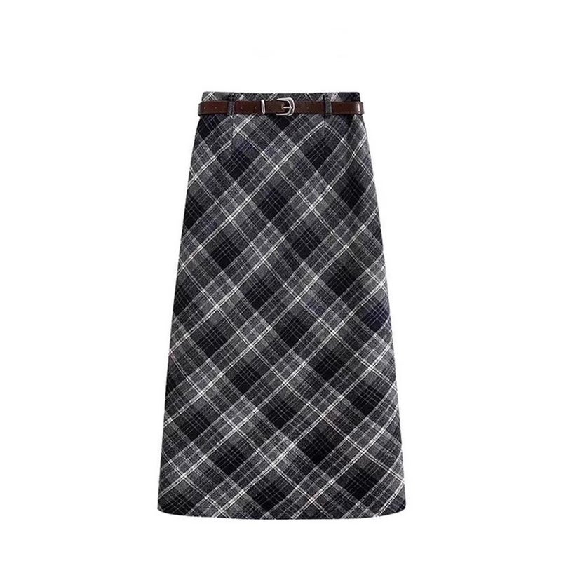Woolen Plaid Skirt Women'S Autumn Plus Size Chubby Girl High Waist A- Line Hip Split Mid-Length Skirt - Image 3