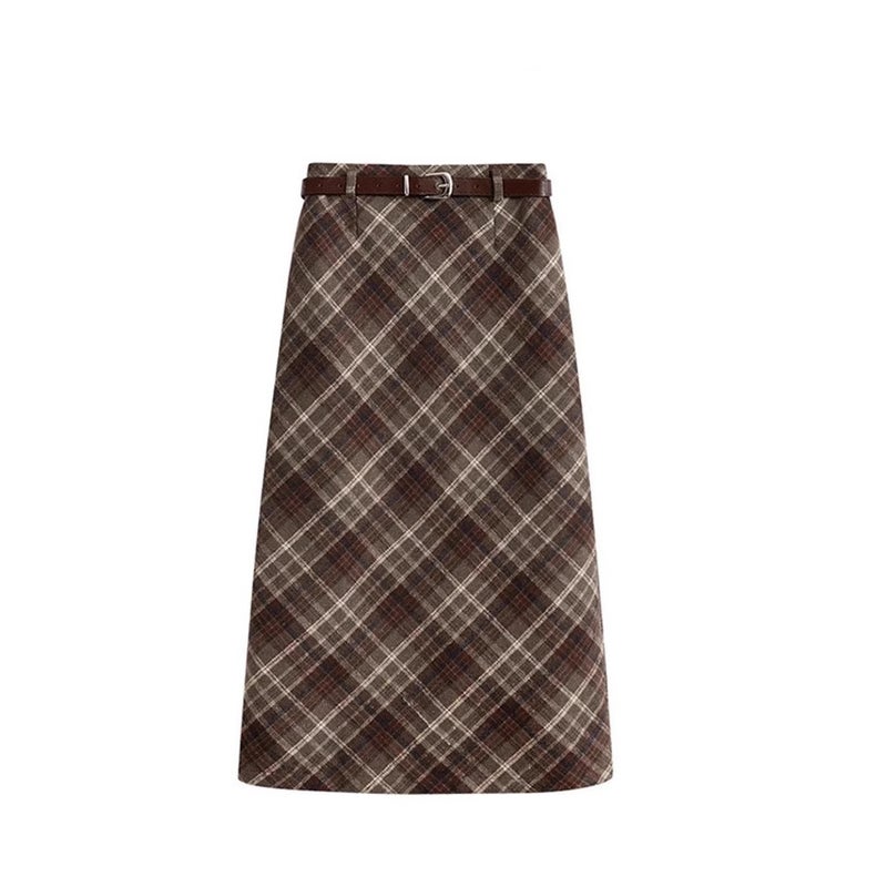 Woolen Plaid Skirt Women'S Autumn Plus Size Chubby Girl High Waist A- Line Hip Split Mid-Length Skirt - Image 2