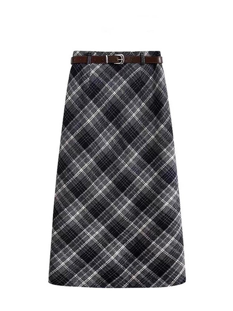 Woolen Plaid Skirt Women'S Autumn Plus Size Chubby Girl High Waist A- Line Hip Split Mid-Length Skirt - Image 1
