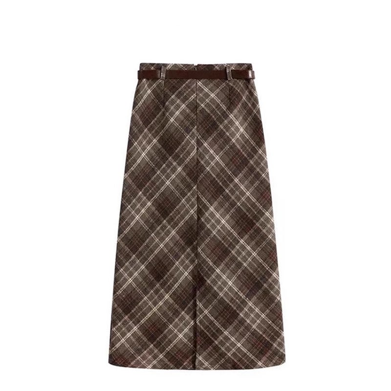 Woolen Plaid Skirt Women'S Autumn Plus Size Chubby Girl High Waist A- Line Hip Split Mid-Length Skirt - Image 5