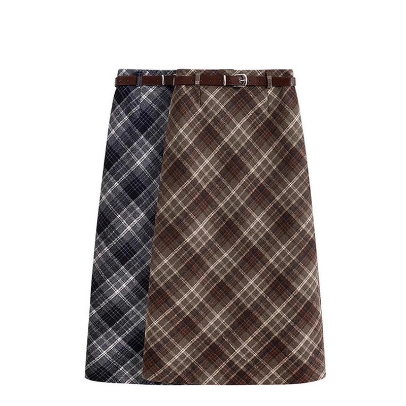 Woolen Plaid Skirt Women'S Autumn Plus Size Chubby Girl High Waist A- Line Hip Split Mid-Length Skirt - Image 4