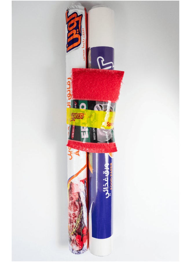 Queen - Aluminum Foil Roll 10m + Food Paper Roll 240cm + Erizo Mesh Sponge - Image 1