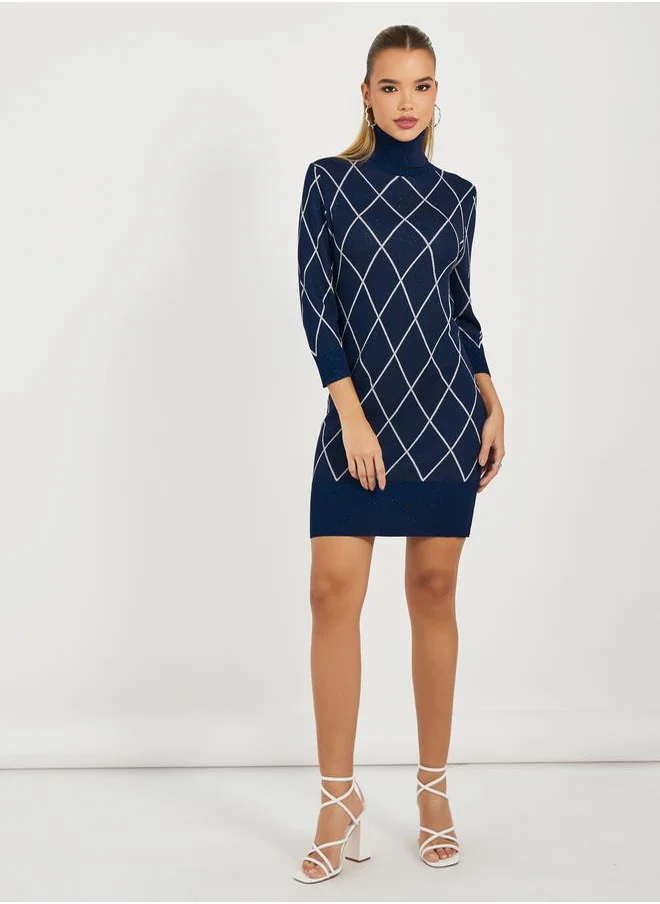 Styli Argyle Pattern Sweater Mini Dress