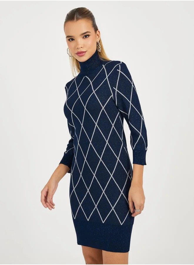 Styli Argyle Pattern Sweater Mini Dress