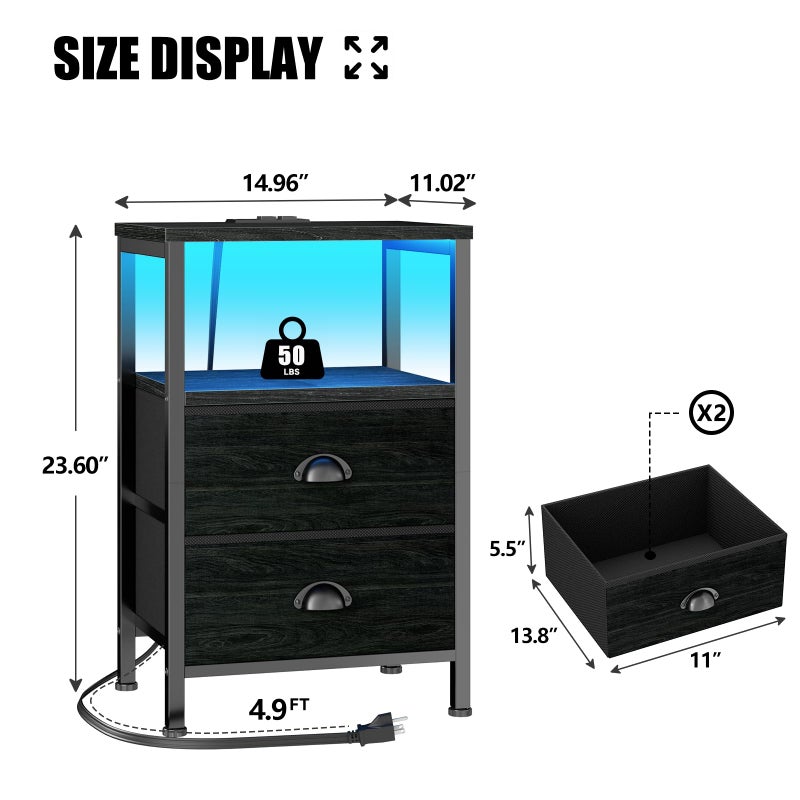 Furologee Nightstands Set of 2, End Tables with Charging Station and LED Lights, Black Night Stands with 2 Fabric Drawers, Bedside Tables Set of 2 for Living Room/Bedroom,Black Oak - Image 3
