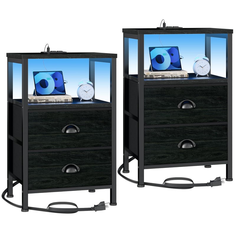 Furologee Nightstands Set of 2, End Tables with Charging Station and LED Lights, Black Night Stands with 2 Fabric Drawers, Bedside Tables Set of 2 for Living Room/Bedroom,Black Oak - Image 1