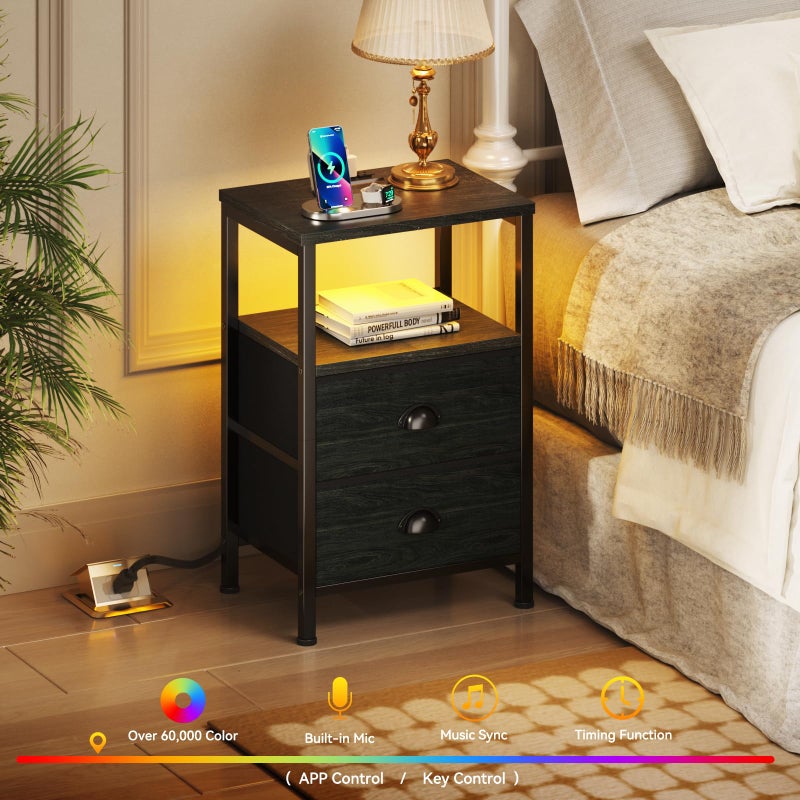Furologee Nightstands Set of 2, End Tables with Charging Station and LED Lights, Black Night Stands with 2 Fabric Drawers, Bedside Tables Set of 2 for Living Room/Bedroom,Black Oak - Image 2