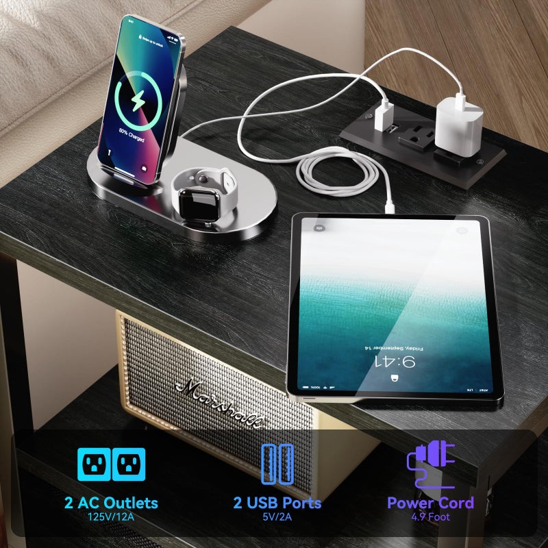 Furologee Nightstands Set of 2, End Tables with Charging Station and LED Lights, Black Night Stands with 2 Fabric Drawers, Bedside Tables Set of 2 for Living Room/Bedroom,Black Oak - Image 5