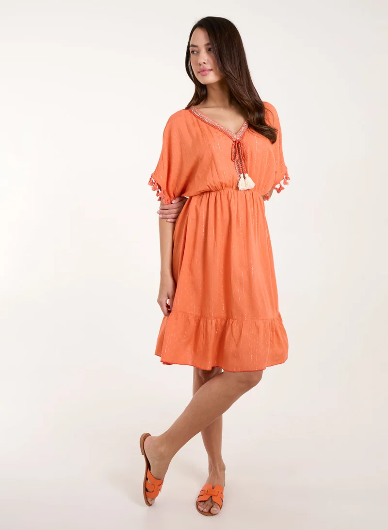 Blue Vanilla Tassel Detail V Neck Dress