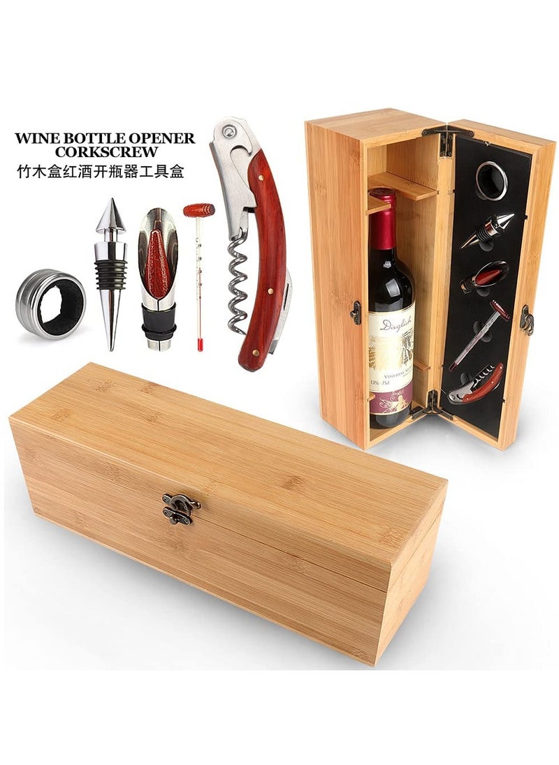Generic - Elegant Bamboo Wine Box Set with 5 Essential Tools Corkscrew Pourer Stopper Ring Quality Storage for Wine Lovers - Image 1