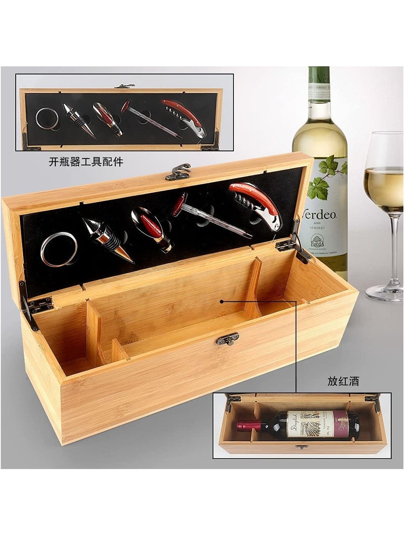 Generic - Elegant Bamboo Wine Box Set with 5 Essential Tools Corkscrew Pourer Stopper Ring Quality Storage for Wine Lovers - Image 1
