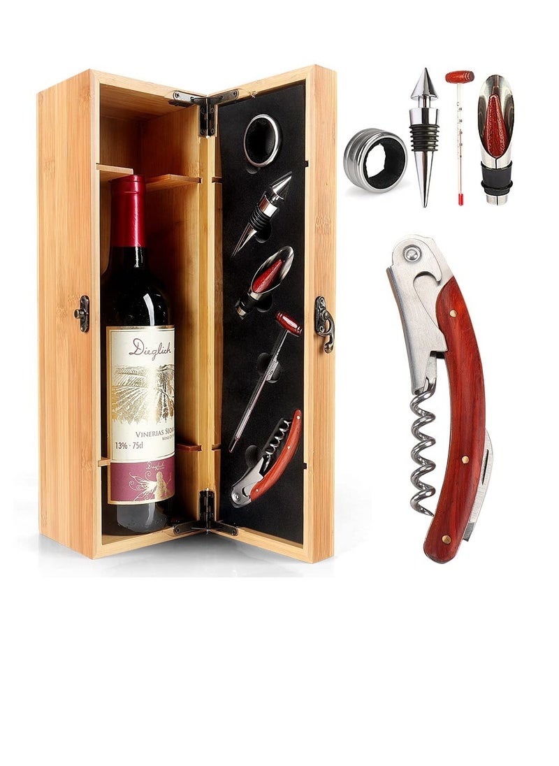 Generic - Elegant Bamboo Wine Box Set with 5 Essential Tools Corkscrew Pourer Stopper Ring Quality Storage for Wine Lovers - Image 1