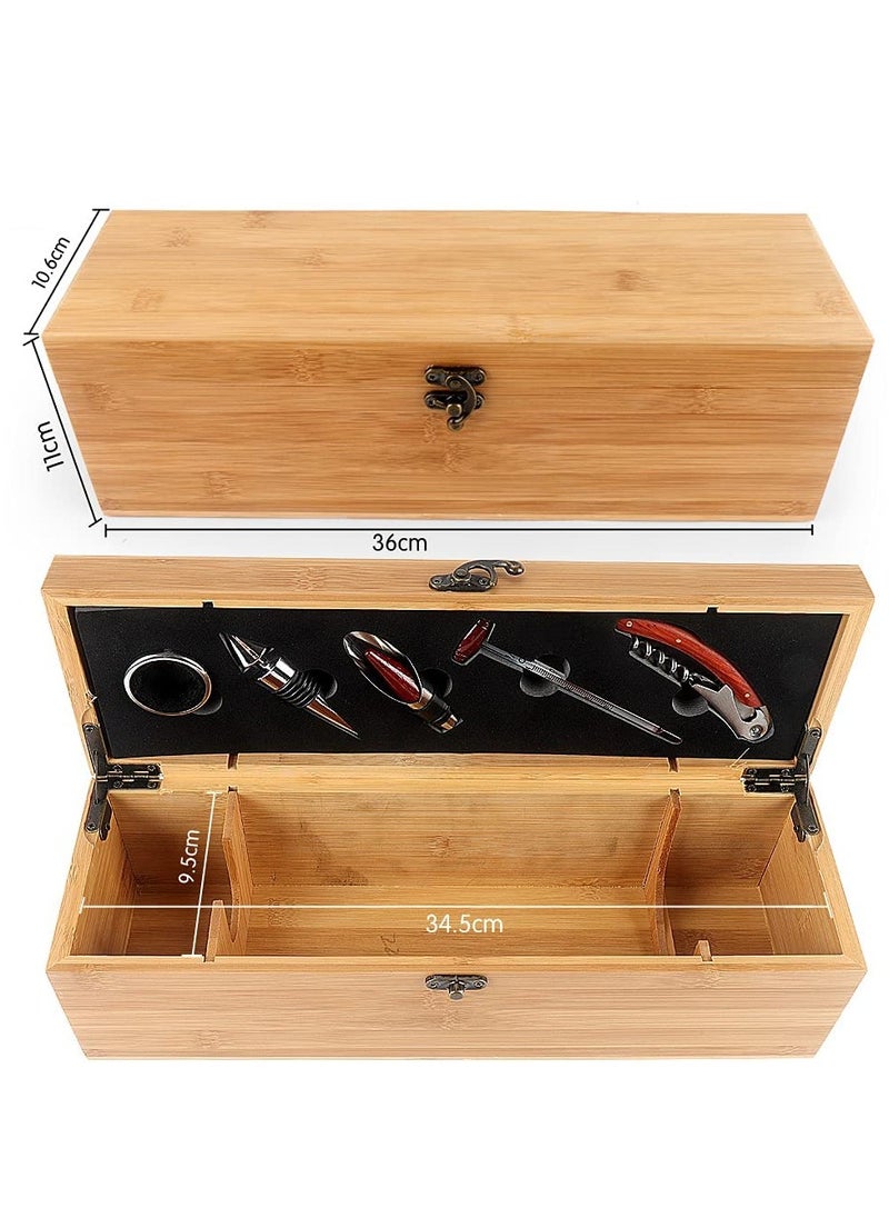 Generic - Elegant Bamboo Wine Box Set with 5 Essential Tools Corkscrew Pourer Stopper Ring Quality Storage for Wine Lovers - Image 1