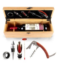 Elegant Bamboo Wine Box Set with 5 Essential Tools Corkscrew Pourer Stopper Ring Quality Storage for Wine Lovers