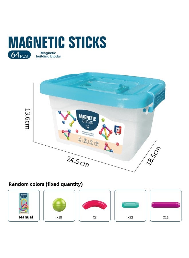 Varied Magnetic Stick Oversized Building Blocks Assembled Educational Toys For Children Baby Early Education 3-Year-Old Boys And Girls Gift-Color:64-piece Set Of Magnetic Rods (storage Barrel)  - Image 1
