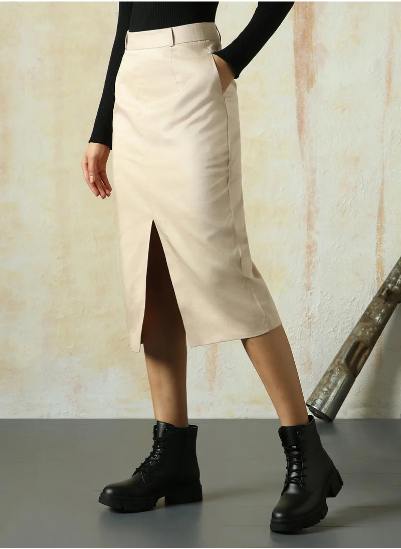 HIGH STAR Women's Doe Skin Cotton Blend Solid Midi Pencil Slim Fit Skirt
