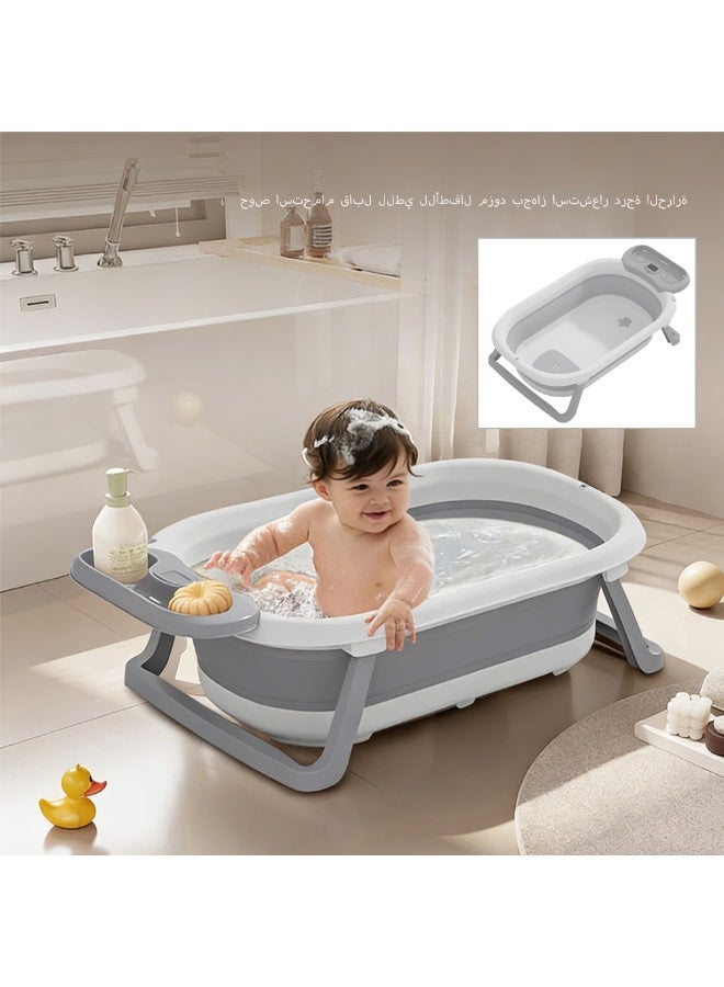 Chanskyu Foldable Baby Bathtub with Non-Slip Base, Temperature-Sensing Drain Plug, and Wall-Mountable Design for Babies Aged 0–8 Years, Grey