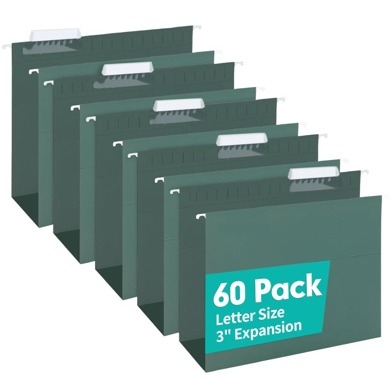 HERKKA Extra Capacity Hanging File Folders, 60 Pack Reinforced Letter Size Hanging Folders with Heavy Duty 3 Inch Expansion, Designed for Bulky Files, Medical Charts, Green - Image 1