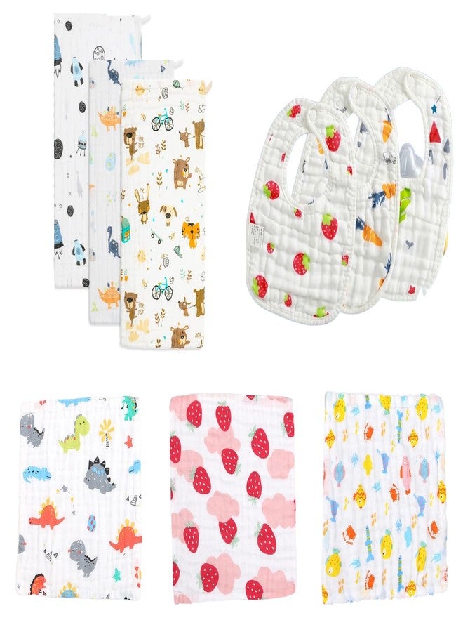 TERI BERI Muslin Cotton Face Towels, Burp Cloths and Bath Towels for Newborn Baby Extra Soft and Absorbent Muslin Combo Pack for Infants Toddlers Boys Girls (3 Burp Cloth + 3 Bib + 3 Hanky) - Image 1