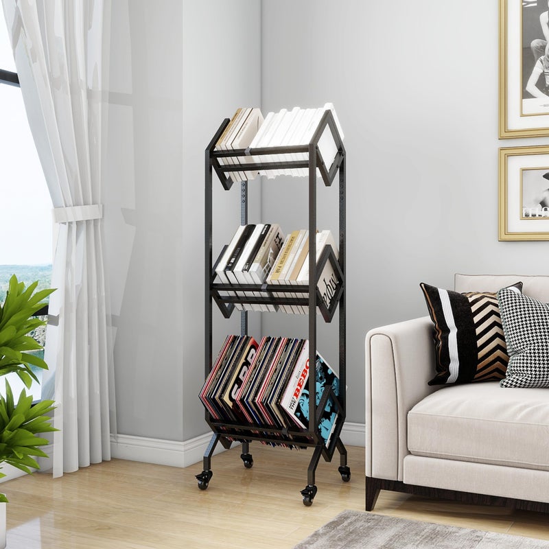 VENNQD Bookshelf Book Cart Rack Industrial Metal Bookcase 3 Tier Holder with Wheels Modern Stylish Design Magazines Files Album Recipe Book Storage Organizer for Sofa End Bed Beside (3 Tier) - Image 4