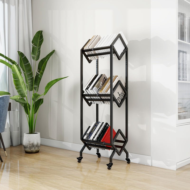 VENNQD Bookshelf Book Cart Rack Industrial Metal Bookcase 3 Tier Holder with Wheels Modern Stylish Design Magazines Files Album Recipe Book Storage Organizer for Sofa End Bed Beside (3 Tier) - Image 2