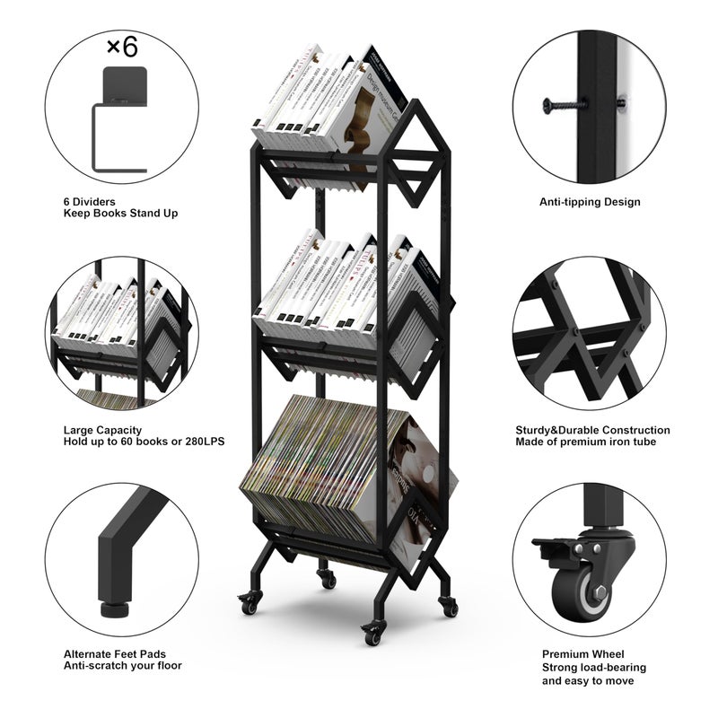 VENNQD Bookshelf Book Cart Rack Industrial Metal Bookcase 3 Tier Holder with Wheels Modern Stylish Design Magazines Files Album Recipe Book Storage Organizer for Sofa End Bed Beside (3 Tier) - Image 3