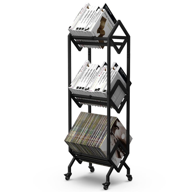 VENNQD Bookshelf Book Cart Rack Industrial Metal Bookcase 3 Tier Holder with Wheels Modern Stylish Design Magazines Files Album Recipe Book Storage Organizer for Sofa End Bed Beside (3 Tier) - Image 1