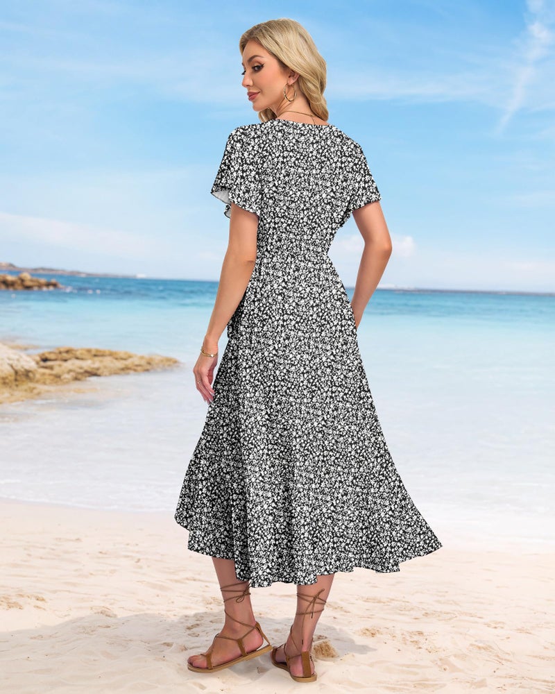 AUSELILY Women Summer Midi Dresses Wrap Short Flutter Sleeve V Neck Boho Slit Flowy Ruffle Dress Wedding Guest Dresses Black Floral - Image 5
