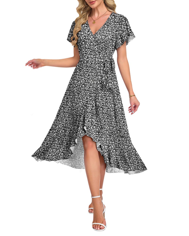 AUSELILY Women Summer Midi Dresses Wrap Short Flutter Sleeve V Neck Boho Slit Flowy Ruffle Dress Wedding Guest Dresses Black Floral - Image 1