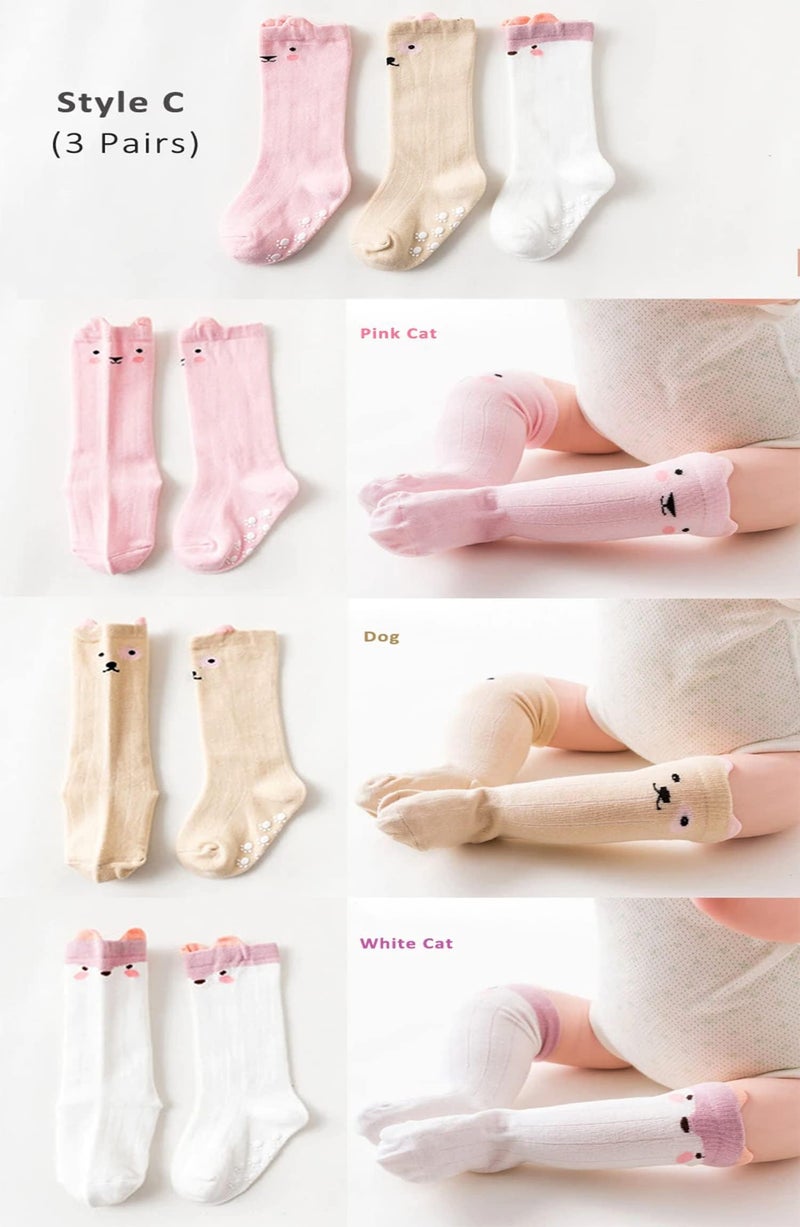 GUCHIGU Unisex Baby Knee High Socks Toddlers Breathable Cute Print Sock Anti-mosquito Knit 3 Pair Cotton Ankle Length Long Socks for Little Kids Boys Girls (Multicolor, 6-24 Months, Pack of 3) - Image 2