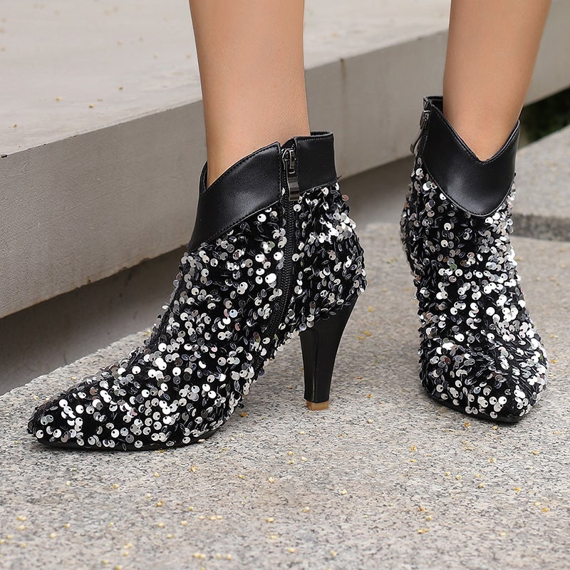 Supply Fashion Pointed High-Heeled Women'S Shoes 40-47 Plus Size Sequin Mom Low-Barrel Ankle Boots - Image 5