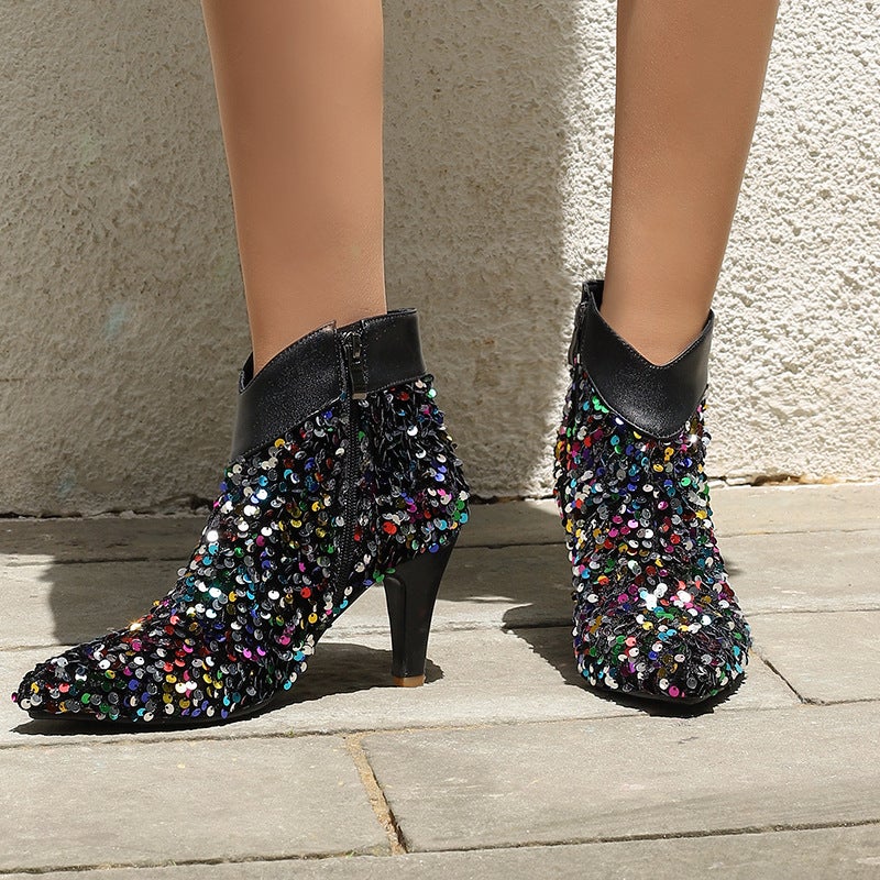 Supply Fashion Pointed High-Heeled Women'S Shoes 40-47 Plus Size Sequin Mom Low-Barrel Ankle Boots - Image 4