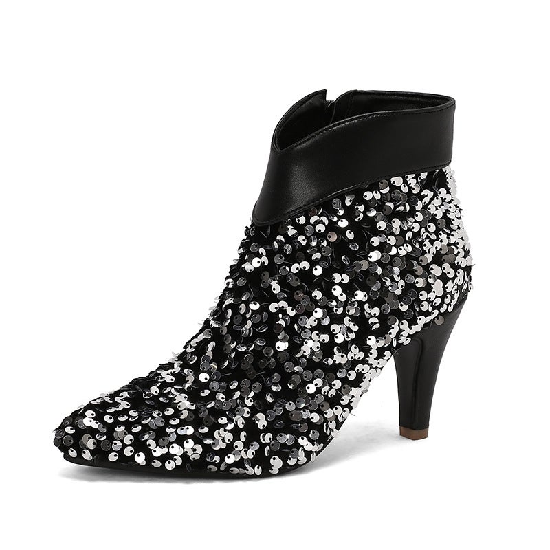 Supply Fashion Pointed High-Heeled Women'S Shoes 40-47 Plus Size Sequin Mom Low-Barrel Ankle Boots - Image 1