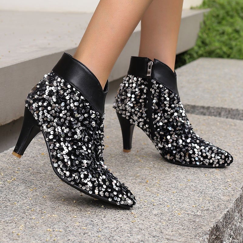 Supply Fashion Pointed High-Heeled Women'S Shoes 40-47 Plus Size Sequin Mom Low-Barrel Ankle Boots - Image 3
