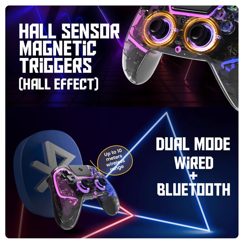 Cosmic Byte جهاز تحكم كوانتم موديل مزدوج بلوتوث + سلكي لجهاز PS4، الكمبيوتر الشخصي، iOS، أندرويد، نينتندو سويتش، مشغلات تأثير هول وعصا التحكم، لوحة لمس، مكبر صوت، بطارية 1000 مللي أمبير (أسود شفاف) - Image 2