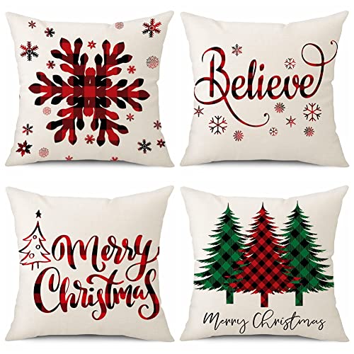 Coeufuedy Christmas Pillow Covers 18x18 Set of 4 Farmhouse Pillow Covers Holiday Rustic Linen Pillow Case Christmas Decor Pillowcase for Sofa Couch Bed and Car - Image 1